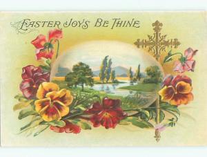 Pre-Linen easter religious FLOWING RIVER WITH JESUS CROSS & PANSY FLOWERS k3090