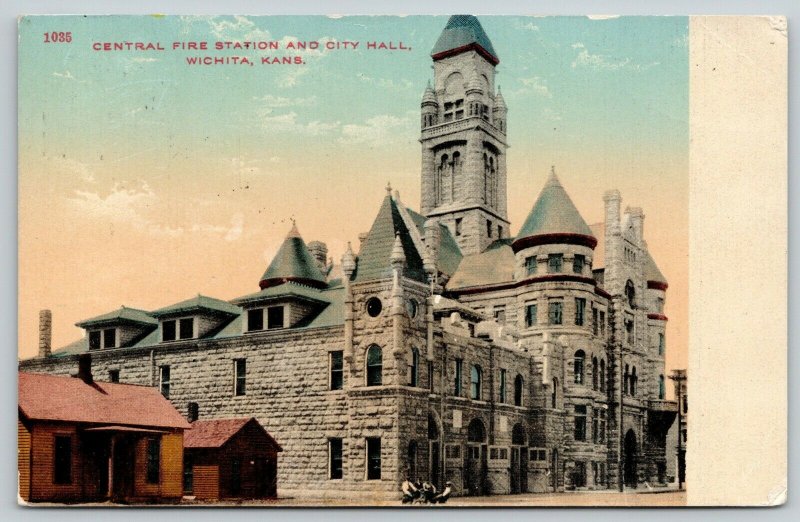 Wichita KS~City Hall, Central Fire Station Dwarf Log Cabin House~Firemen~1913  