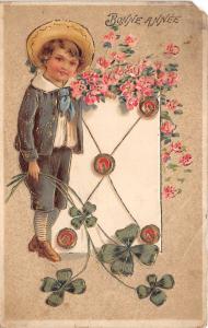 BG8516 embossed boy child clover  bonne annee new year greetings france