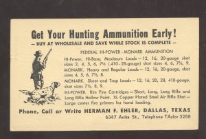 DALLAS TEXAS AMMUNITION SHOP EHLER STORE AMMO OLD ADVERTISING POSTCARD