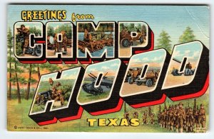 Greetings From Camp Hood Texas Large Letter Linen Postcard 1943 Curt Teich