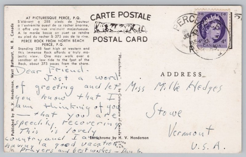 Postcard Percé Quebec Rock Cliffs Ocean 1950s View
