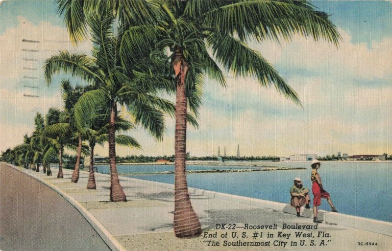 Palm Trees Roosevelt Blvd. Key West Florida Linen Postcard 2T5-474