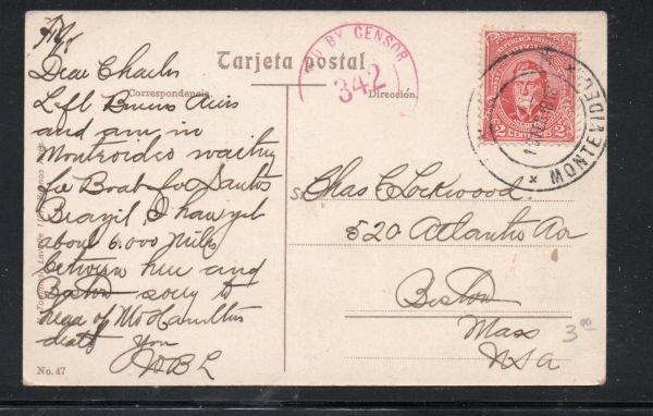 colour PC Buenos Aires Argentina used to Boston, Mass Censor marking 1918