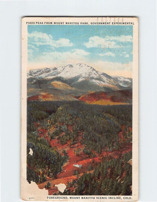 Postcard Pikes Peak From Mount Manitou Park, Government Experimental, Colorado