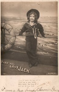 1906 They All Love Jack Comic Card Young Boy Sailor Ship, Vintage Postcard