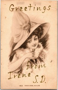 Greetings from Irene SD Lady Drinking Toast Your Good Health c1912 Postcard C12