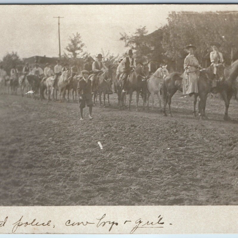 c1910s Group Horse Riding Down Street RPPC Women Mounted Police Street View A193