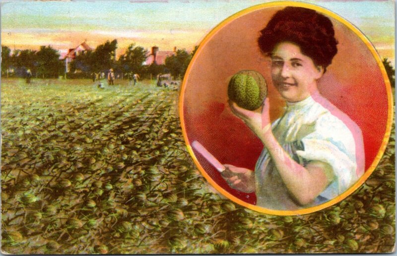 Postcard advert IL Rockford Buckbee's Seeds - Woman holding musk melon