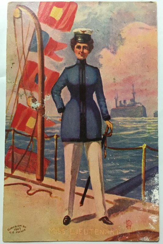 Woman Navy PC 1907 1915 WW1 Mather Uniform Sword Ship Flags Miss Lieutenant