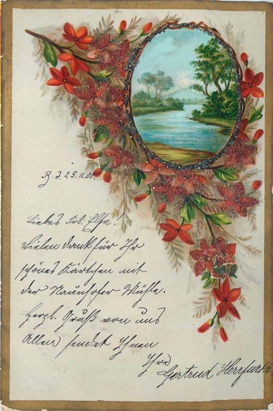 Old 1900 glass pearls applied chromo litho landscape flowers fantasy postcard