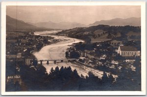 Bad Tolz Germany River Bridge Houses Mountain View Real Photo RPPC Postcard