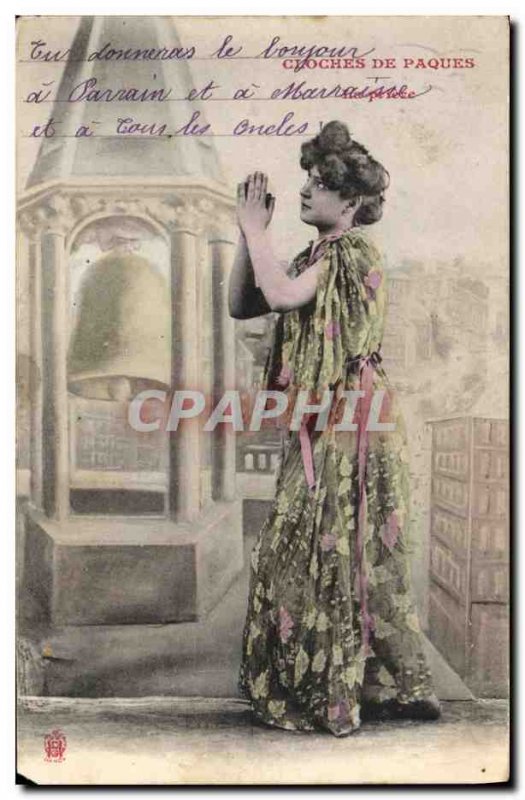Postcard Old Bell Easter prayer Woman