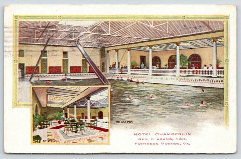 Fortress Monroe Virginia~Hotel Chamberlin Interior~Sea Pool & Atrium~1912 PC