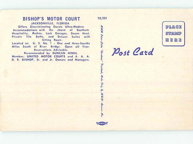 Unused Linen BISHOPS MOTOR COURT MOTEL Jacksonville Florida FL M5858-22