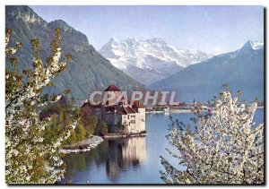 Modern Postcard Chateau de Chillon and teeth of the south in April