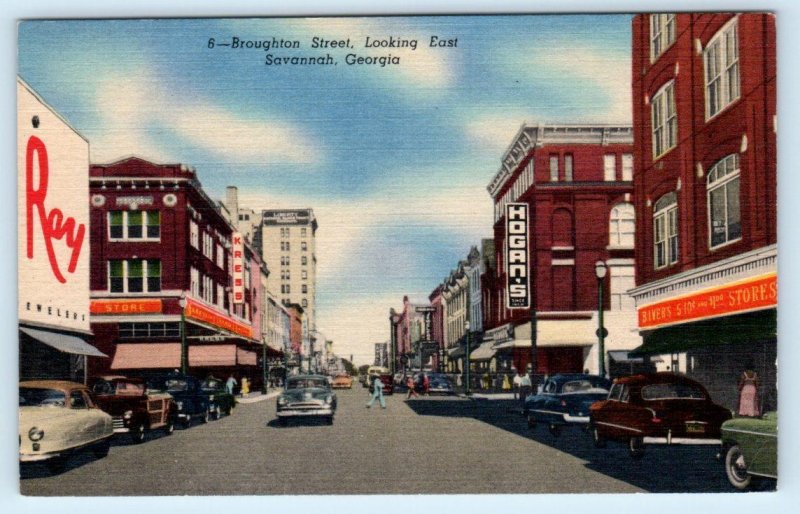 2 Postcards SAVANNAH, Georgia GA ~ BROUGHTON STREET & Bull Street Scenes 1950s