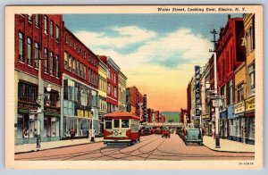 Water Street Looking East, Elmira New York, 1937 Linen Curt Teich Postcard