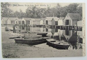 VINTAGE 1906 POSTCARD - BOAT HOUSES UNION LAKE POND MILLVILLE NJ NEW JERSEY
