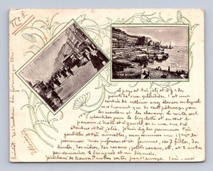 HASTINGS PARADE & BEACH ENGLAND TO MANTES FRANCE COURT SIZE POSTCARD 1900