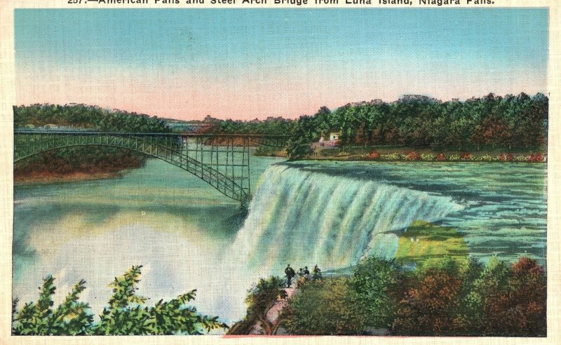 Vintage Postcard American Falls Street Arch Bridge Luna Island Niagara Falls NY