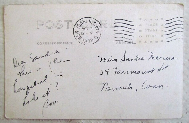 VINTAGE 1938 RPPC REAL PHOTO POSTCARD HOSPITAL NEW YORK N.Y. 