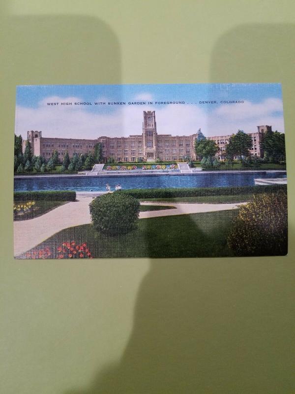 Antique Postcard, West High School with Sunken Garden in Foreground, Denver, CO