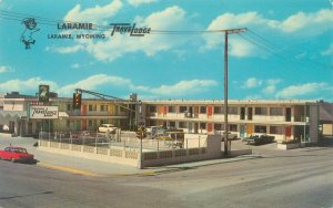 Laramie Wyoming Travel Lodge, Sleepy Bear Sign  262 N 3rd Red Car Postcard Used