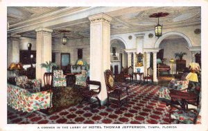 Hotel Thomas Jefferson Lobby Interior Tampa Florida 1930s postcard