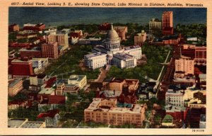 Wisconsin Madison Aerial View Looking Southeast Showing State Capitol Curteich