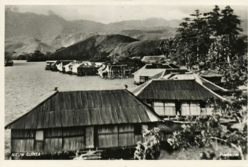 new guinea, Panorama with Stilt Houses (1950s) RPPC
