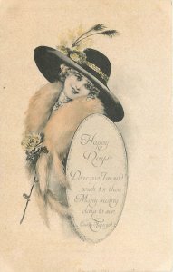 Postcard 1914 Hand colored fashion woman big hat fur Pink Perfection TP24-639