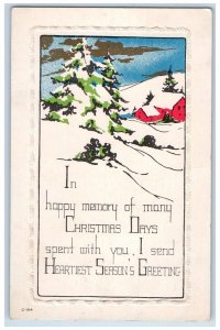 c1910's Christmas Arts And Crafts Winter Snow Pine Trees House Embossed Postcard