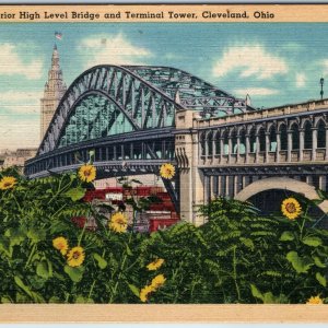 c1940s Cleveland, OH Detroit High Level Bridge Terminal Tower Sunflowers PC A220