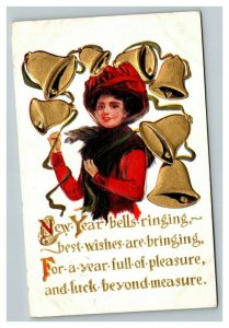 Vintage 1912 New Year Postcard Beautiful Woman Red Dress Nice Gold Bells Poem
