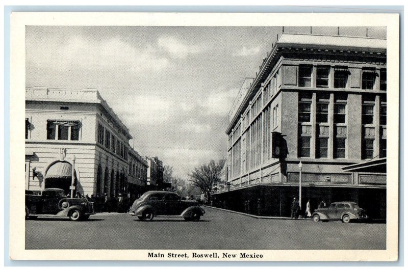 c1920 Main Street Classic Car Stop Light Building Roswell New Mexico NM Postcard