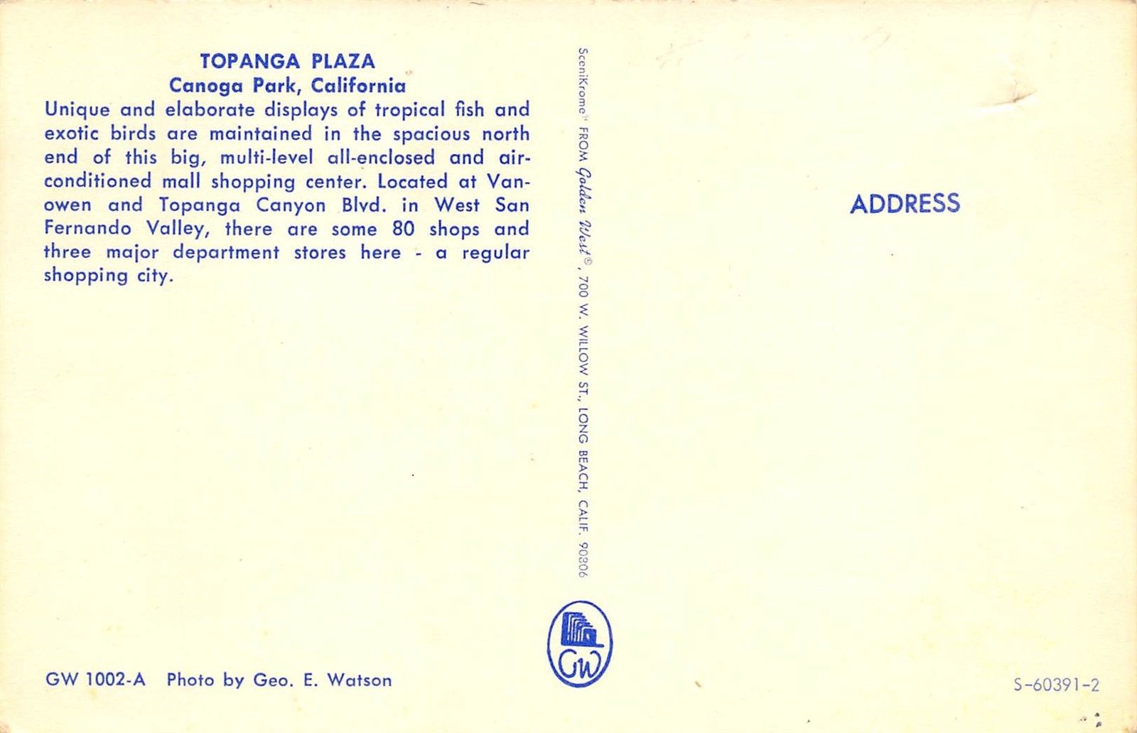 Valley Relics Museum - Postcard of Topanga Plaza located 6600 Topanga Canyon  Boulevard, ca. 1965. View is of the mall from the parking lot, showing May  Co. and Montgomery Ward. Photo taken