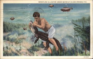 Silver Springs Florida FL Wrestling Alligator Underwater Vintage Linen PC