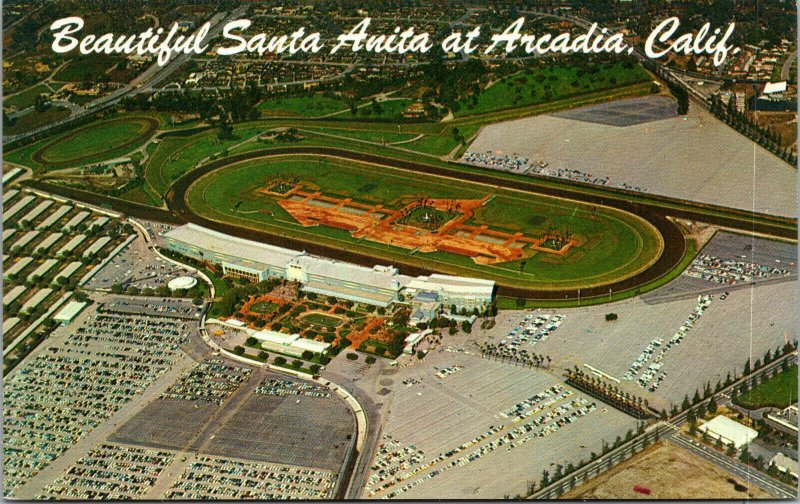 Vtg Arcadia CA Santa Anita Race Track Horse Racing Aerial View 1950s Postcard 