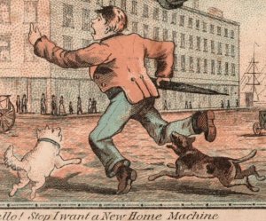 1870s New Home Sewing Machine City Street Man Dogs Bite Insect P146