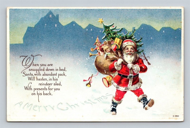 Santa Claus Tree Bag Toys 1921 Christmas Seal Embossed Christmas Postcard