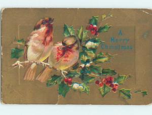 Pre-Linen christmas BEAUTIFUL BIRDS SITTING ON HOLLY BRANCH hr2698