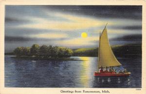 Roscommon Michigan~Sailboat on Lake @ Night~Bright Moon~Island~1940s Postcard