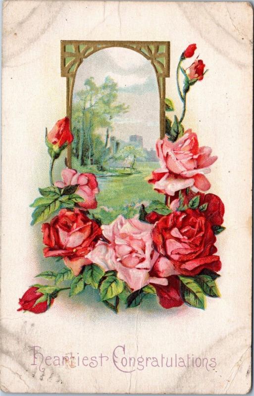 Heartiest Congratulations - flowers and window - posted 1912