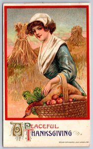 Schmucker Thanksgiving~Pretty Country Woman~Turkey Basket~Wheat Sheaves~Winsch