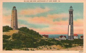 Vintage Postcard 1930's Old & New Lighthouses Landmark Cape Henry Virginia VA