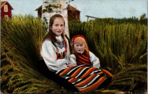 Sweden Dalarna Traditional Dress Girls Vintage Postcard C145