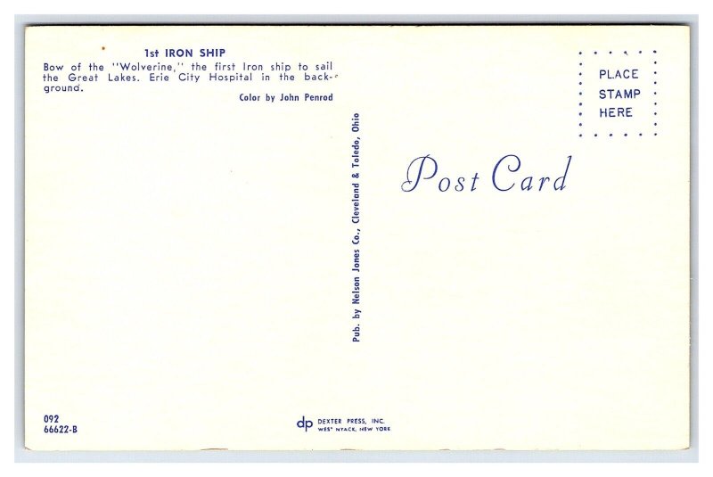 1st Iron Ship Bow Of The Wolverine Erie City Hospital Postcard