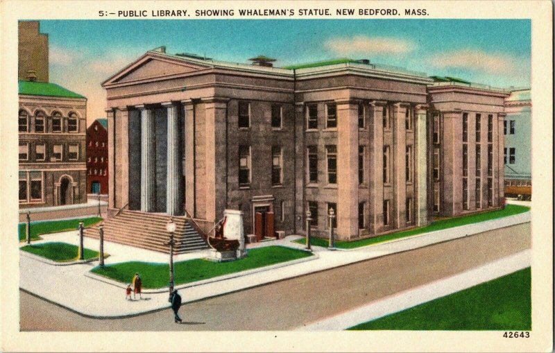 Public Library Whatemans Statue New Bedford Mass News Postcard Vintage Unposted 