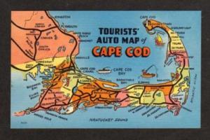 MA State Auto Map CAPE COD MASSACHUSETTS Postcard Linen